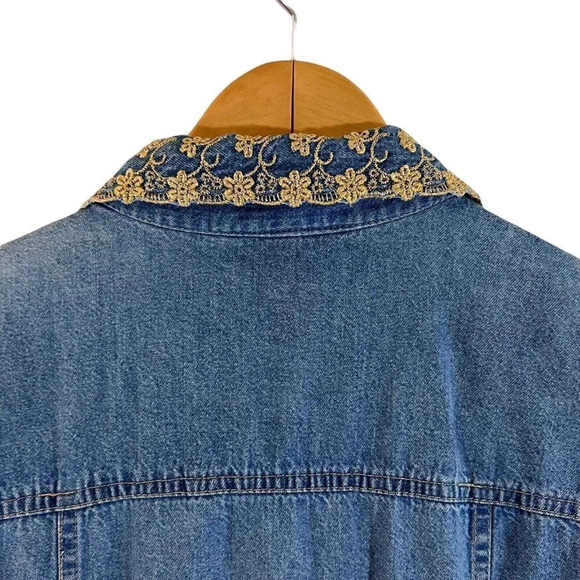 PG Collections Vintage Denim Button Down Dress 10 Metallic Embroidered Collar - Picture 8 of 10